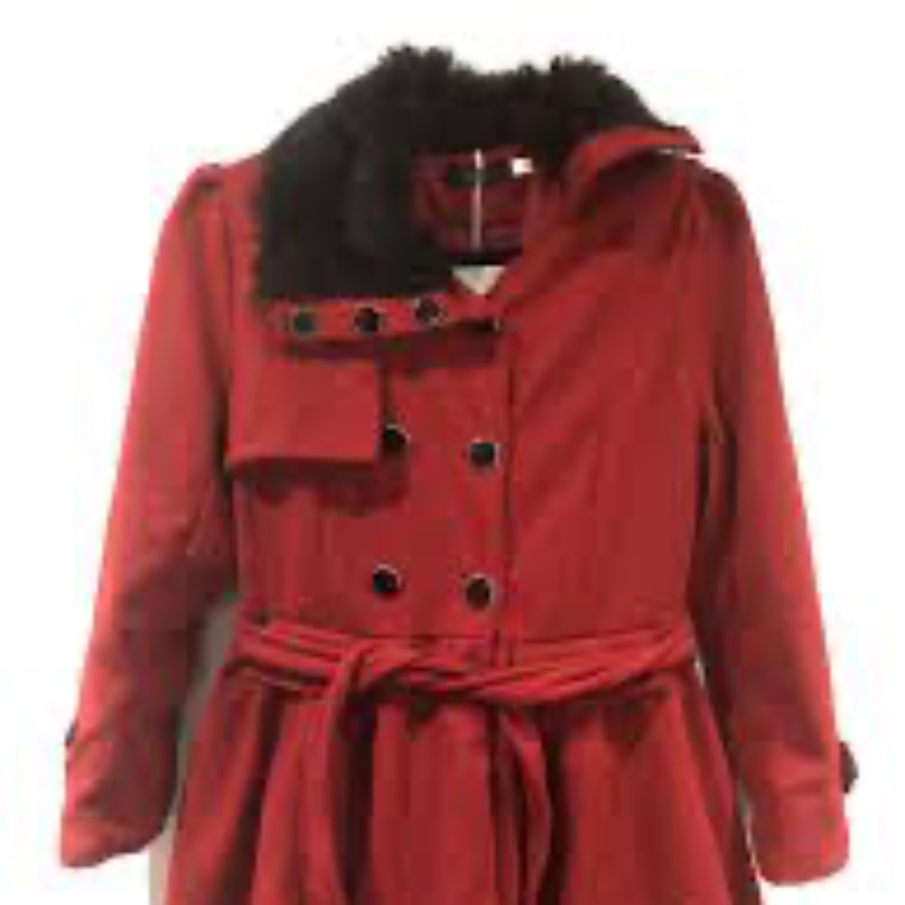 Camisa faux fur-trim trench coat in red size L.